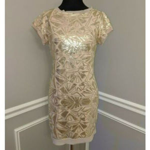 Vince Camuto Gold Sequin Jewel Neck Sheath Dress